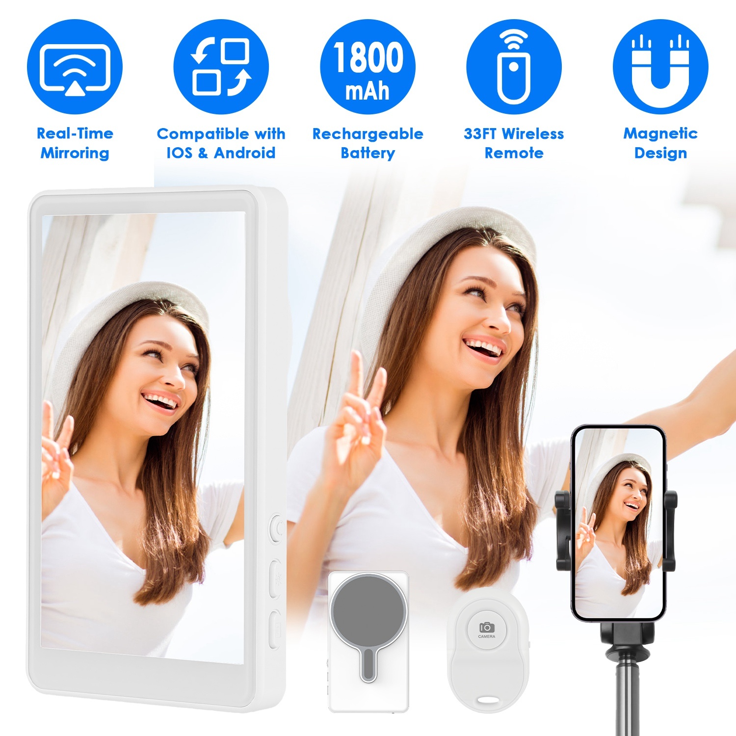 bf22b08f-72d9-4d5a-b206-882e6d86794c.jpg Vlog Selfie Monitor Screen Magnetic Rear Camera Phone Monitor Wireless Selfie Monitor Screen With 33FT Remote For Vlog Live Stream Compatible With IOS Android - Image 1